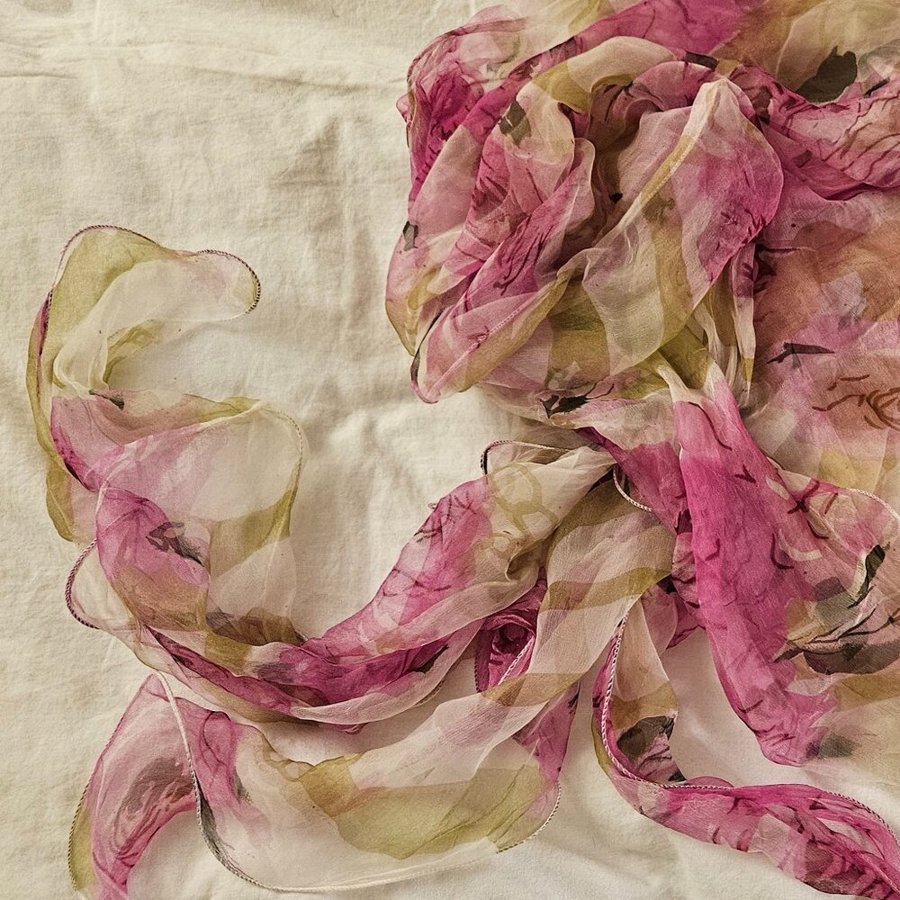 Dreamy Flowery Sheer viscose Tube Scarf ending in four Curled Edge Tentacles